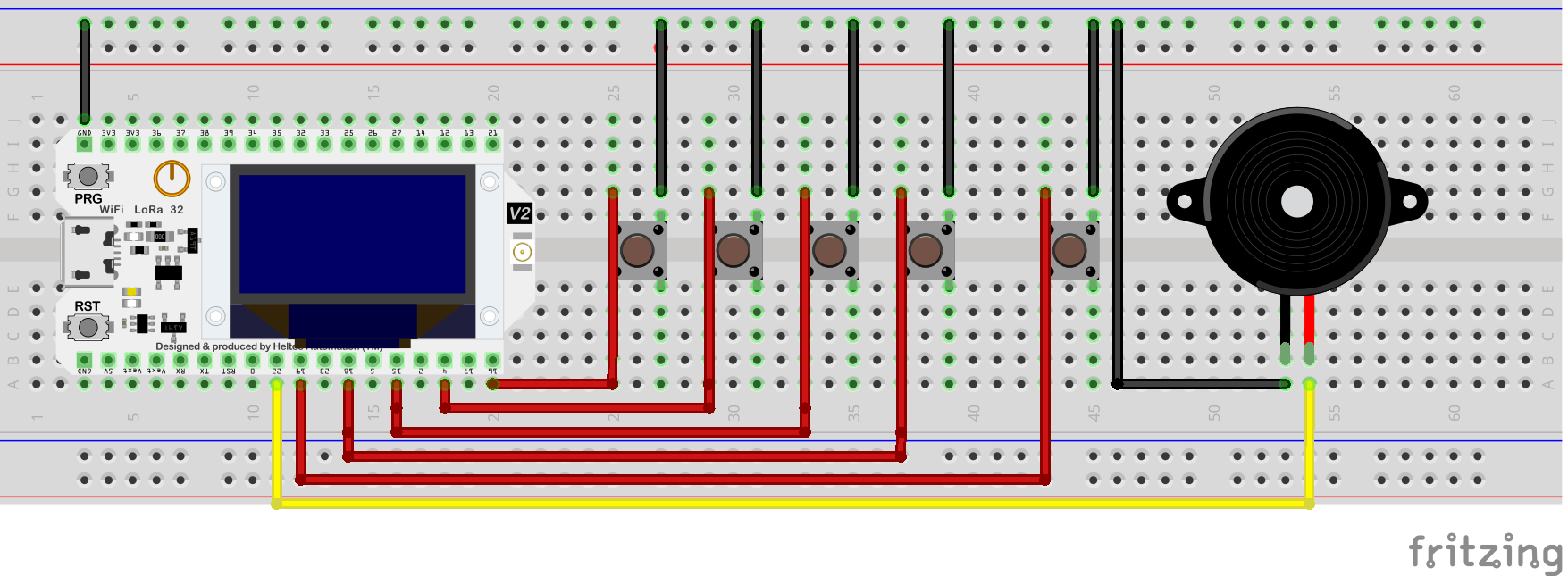 Blokschema van het knoppensysteem met Arduino WiFi Kit 32, OLED-display en buzzer voor code-invoer en feedback