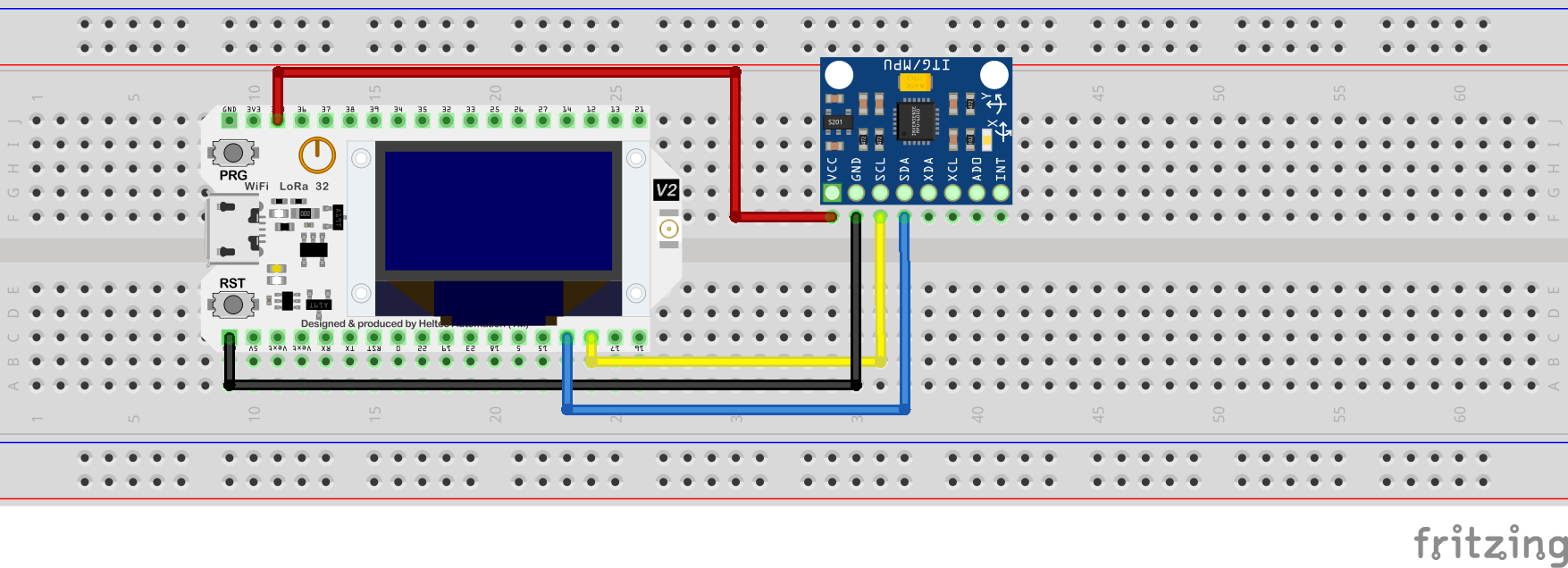Blokschema van de accelerometer met Arduino WiFi Kit 32 als centrale controller voor bewegingsdetectie